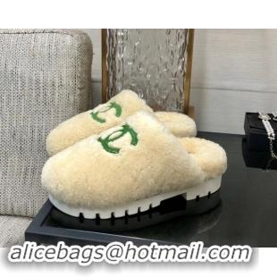 Low Price Chanel Wool Fur Platform Mules Beige 909133