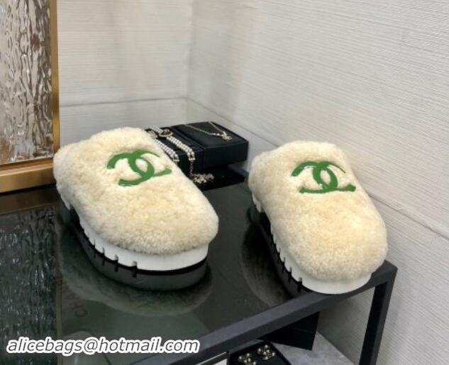 Low Price Chanel Wool Fur Platform Mules Beige 909133