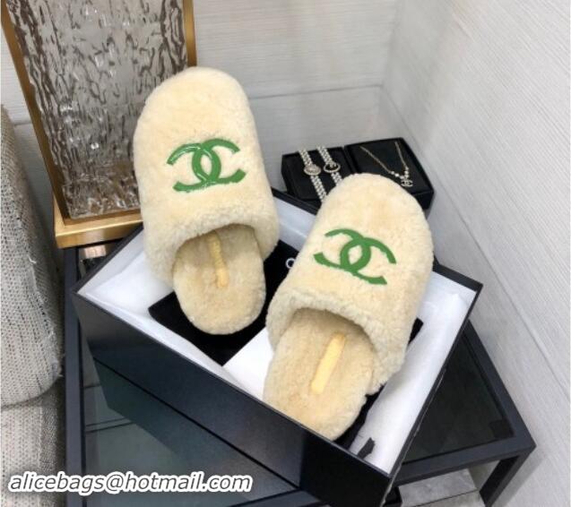 Low Price Chanel Wool Fur Platform Mules Beige 909133