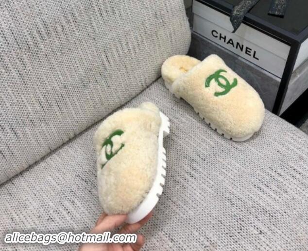 Low Price Chanel Wool Fur Platform Mules Beige 909133