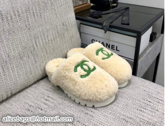 Low Price Chanel Wool Fur Platform Mules Beige 909133