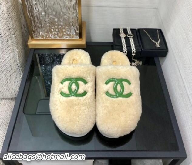 Low Price Chanel Wool Fur Platform Mules Beige 909133