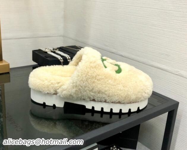 Low Price Chanel Wool Fur Platform Mules Beige 909133