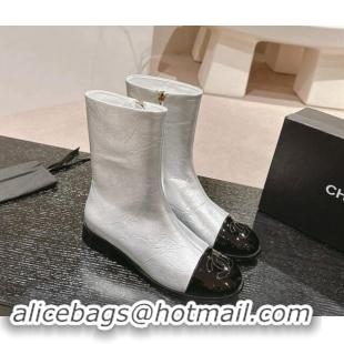 Best Grade Chanel Calfskin Flat Ankle Boots Silver 910001