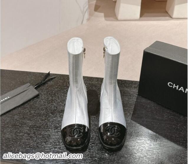 Best Grade Chanel Calfskin Flat Ankle Boots Silver 910001