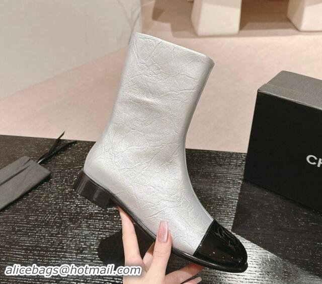 Best Grade Chanel Calfskin Flat Ankle Boots Silver 910001