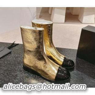 Classic Hot Chanel Calfskin Flat Ankle Boots Gold 910002