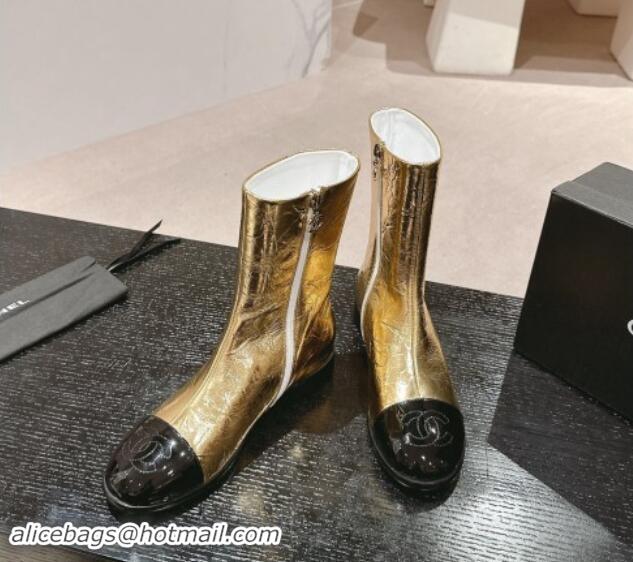 Classic Hot Chanel Calfskin Flat Ankle Boots Gold 910002