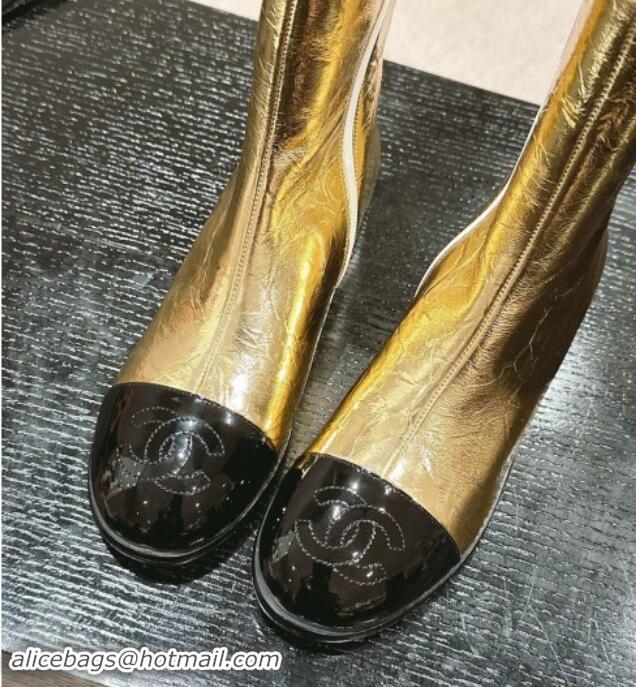 Classic Hot Chanel Calfskin Flat Ankle Boots Gold 910002