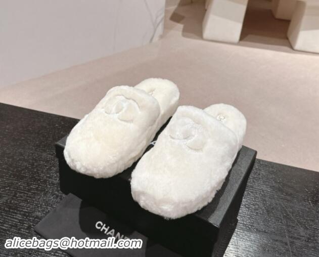 Big Discount Chanel Wool Fur Flat Mules White 910004