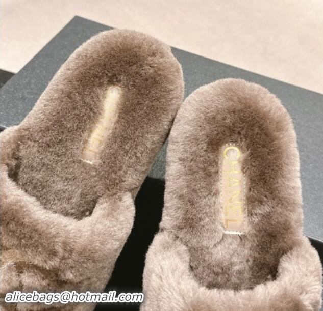 Charming Chanel Wool Fur Flat Mules Light Brown 910005