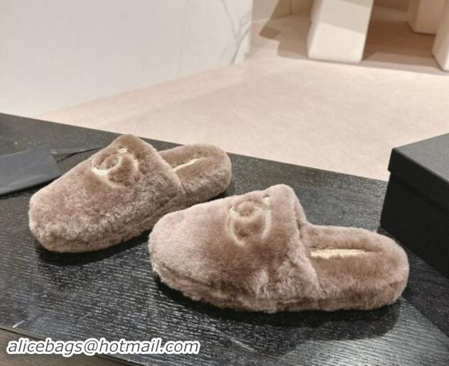 Charming Chanel Wool Fur Flat Mules Light Brown 910005