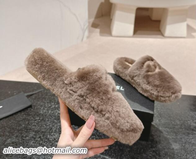 Charming Chanel Wool Fur Flat Mules Light Brown 910005