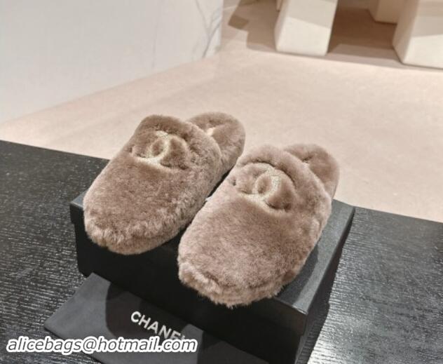 Charming Chanel Wool Fur Flat Mules Light Brown 910005