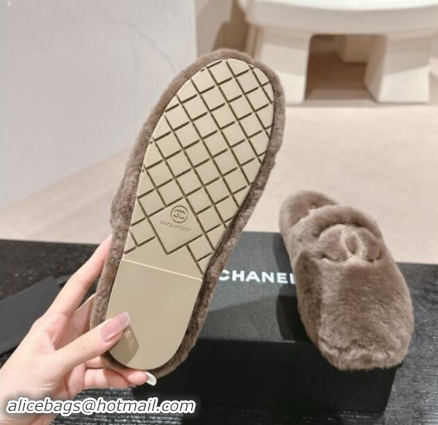 Charming Chanel Wool Fur Flat Mules Light Brown 910005