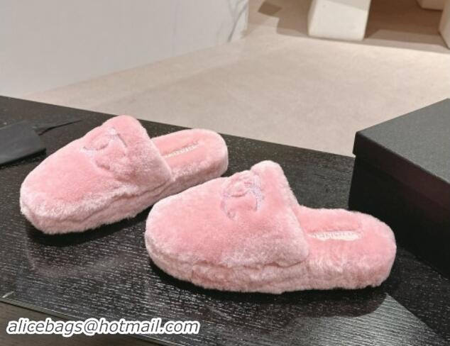 Unique Discount Chanel Wool Fur Flat Mules Light Pink 910006