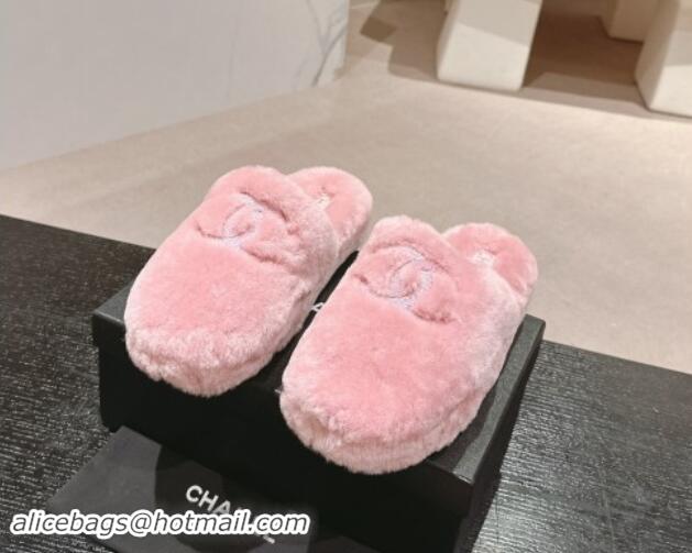 Unique Discount Chanel Wool Fur Flat Mules Light Pink 910006