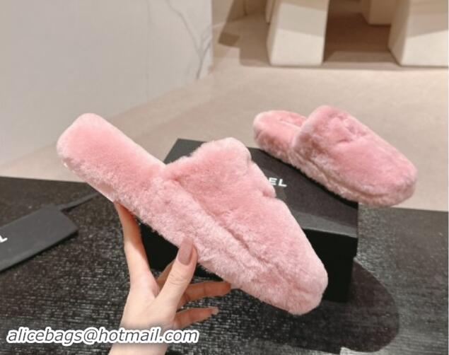 Unique Discount Chanel Wool Fur Flat Mules Light Pink 910006