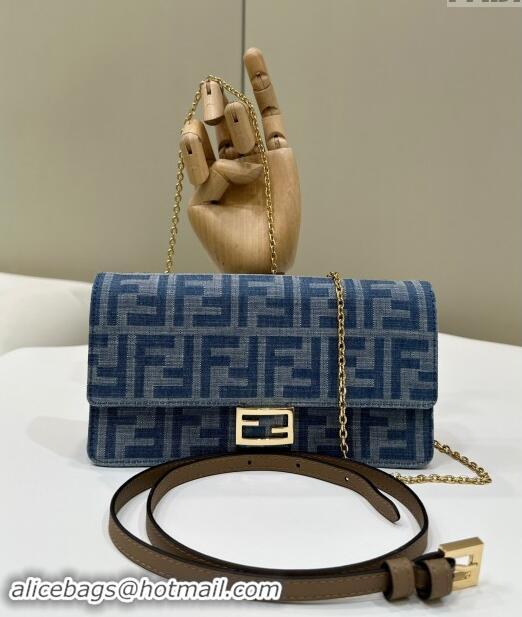 Top Grade Fendi Wallet On Chain Baguette Mini Bag in 8638 Blue Denim 2024