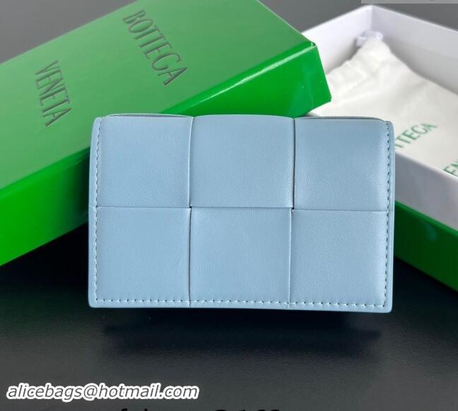 Good Taste Bottega Veneta Cassette Business Card Case Wallet in Intrecciato Lambskin 651396 Ice Blue 2024