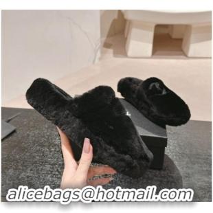 Sophisticated Chanel Wool Fur Flat Mules Black 910007