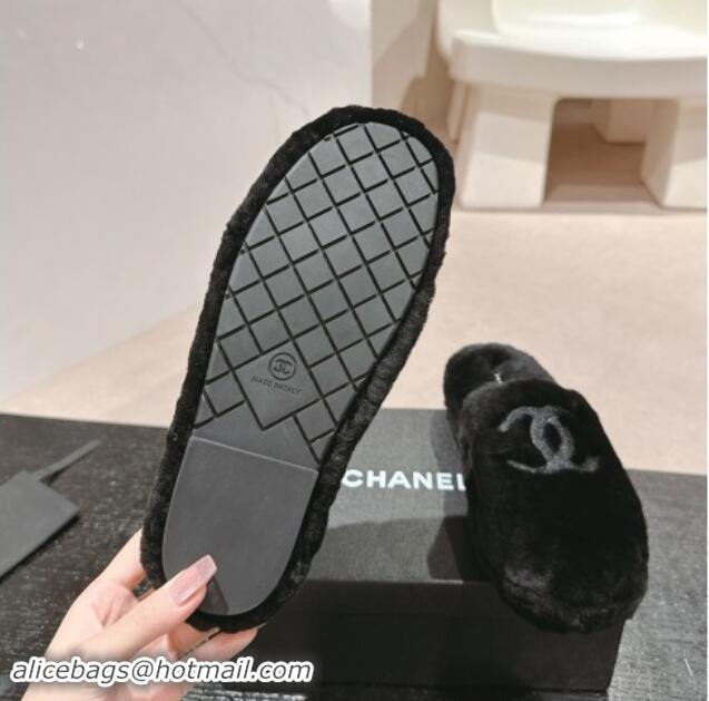 Sophisticated Chanel Wool Fur Flat Mules Black 910007