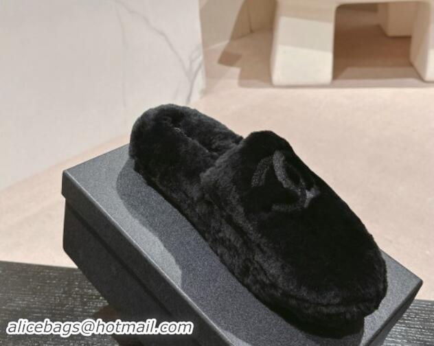 Sophisticated Chanel Wool Fur Flat Mules Black 910007