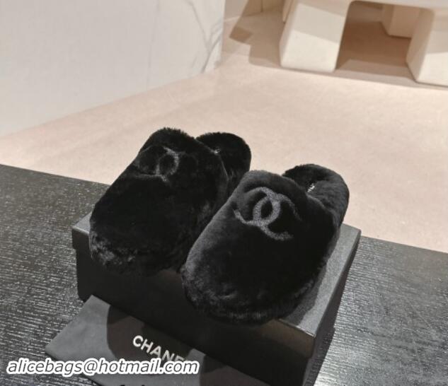 Sophisticated Chanel Wool Fur Flat Mules Black 910007