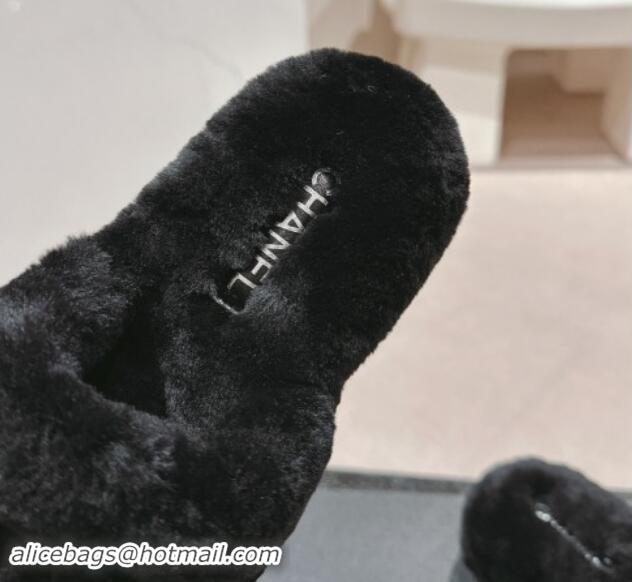 Sophisticated Chanel Wool Fur Flat Mules Black 910007