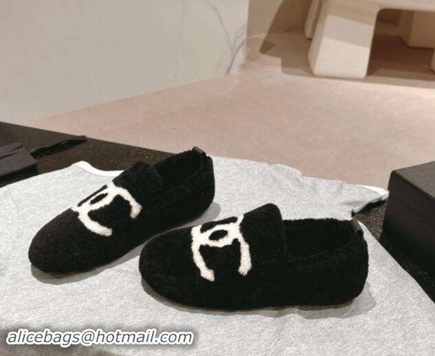 Pretty Style Chanel Wool Fur Flat CC Loafers Black 910008