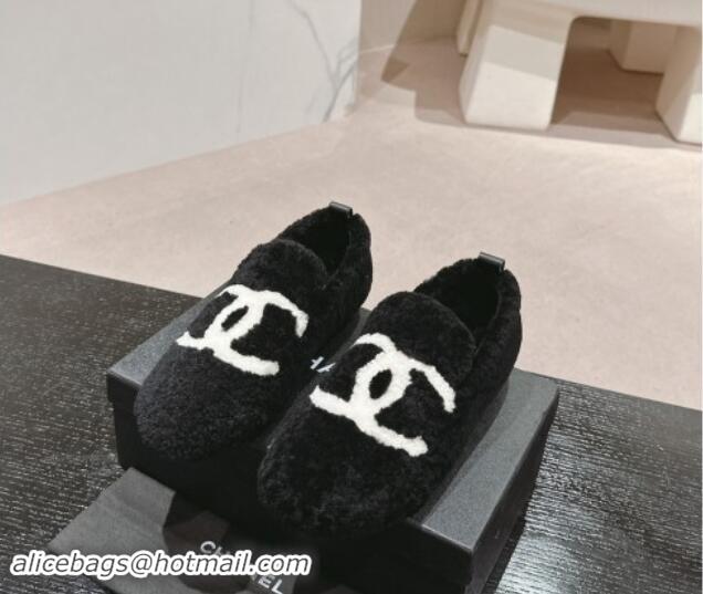 Pretty Style Chanel Wool Fur Flat CC Loafers Black 910008