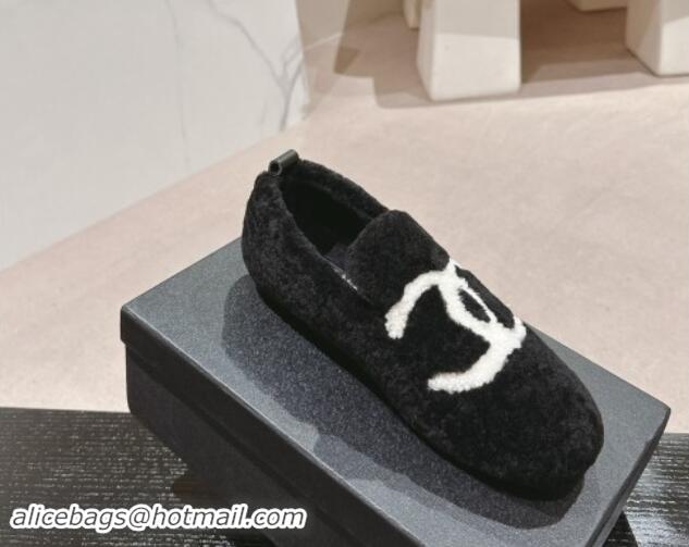 Pretty Style Chanel Wool Fur Flat CC Loafers Black 910008