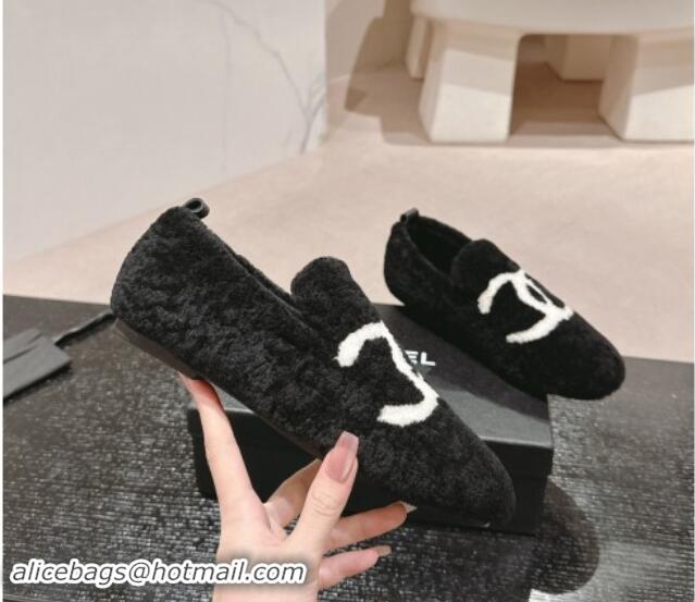 Pretty Style Chanel Wool Fur Flat CC Loafers Black 910008