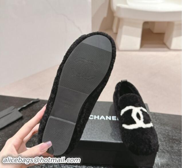 Pretty Style Chanel Wool Fur Flat CC Loafers Black 910008