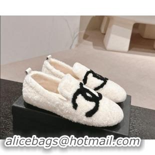 Grade Quality Chanel Wool Fur Flat CC Loafers White 910010