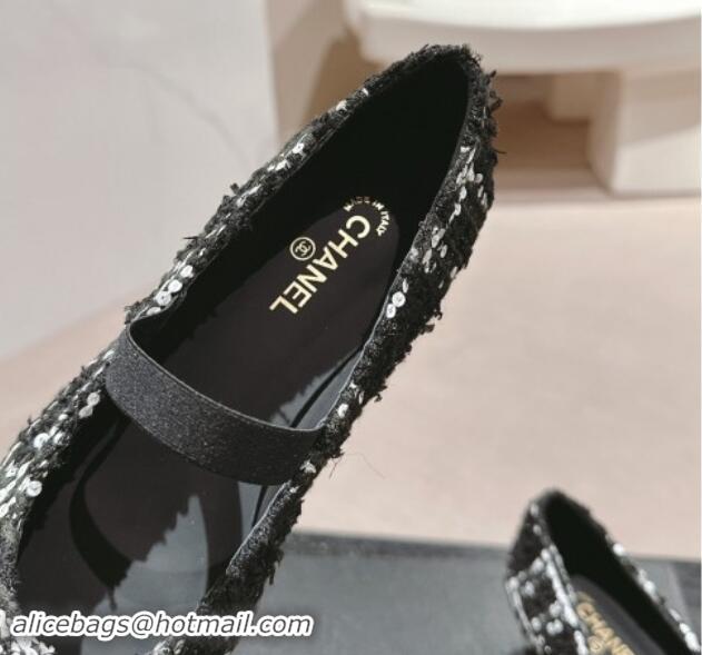 Pretty Style Chanel Tweed Pointed Pumps with Sequins Black 910011