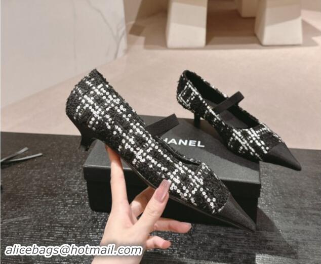 Pretty Style Chanel Tweed Pointed Pumps with Sequins Black 910011