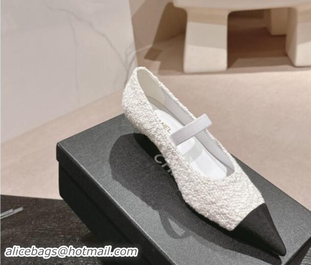 Best Grade Chanel Tweed Pointed Pumps White 910012