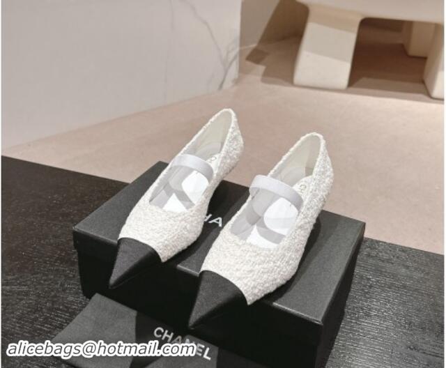 Best Grade Chanel Tweed Pointed Pumps White 910012