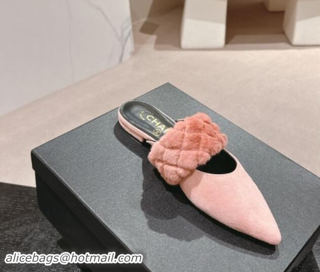 Low Price Chanel Suede & Fur Flat Pointed Mules Light Pink 910014