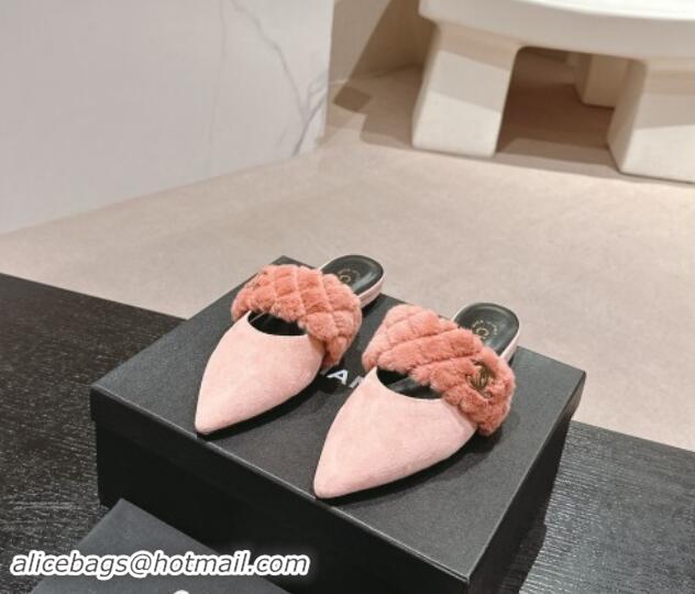 Low Price Chanel Suede & Fur Flat Pointed Mules Light Pink 910014