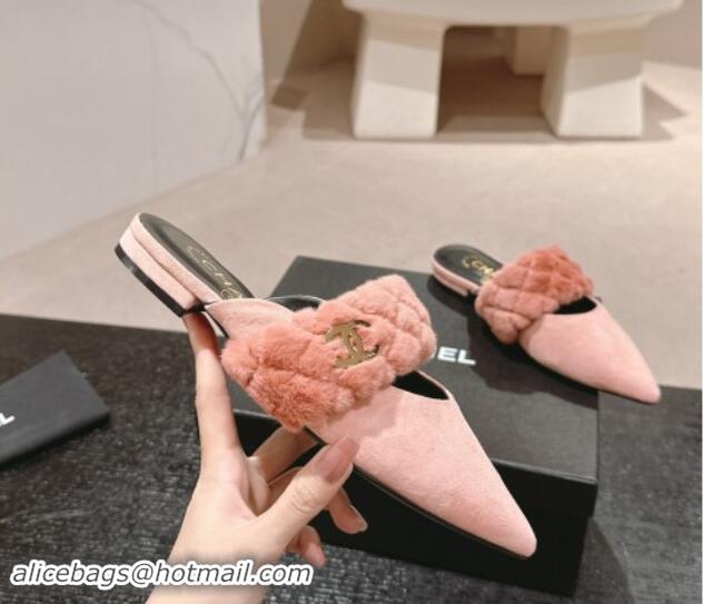 Low Price Chanel Suede & Fur Flat Pointed Mules Light Pink 910014