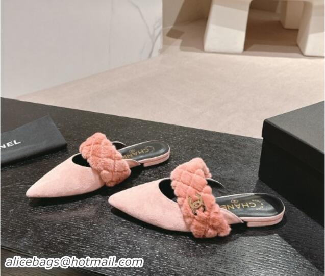 Low Price Chanel Suede & Fur Flat Pointed Mules Light Pink 910014