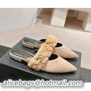 Good Looking Chanel Suede & Fur Flat Pointed Mules Beige 910015