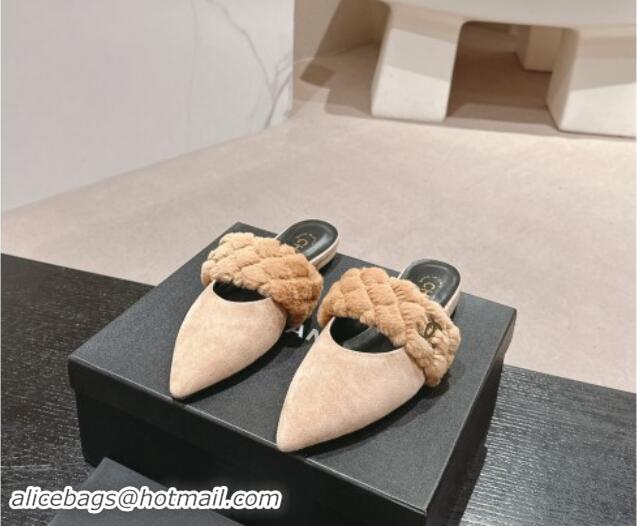 Good Looking Chanel Suede & Fur Flat Pointed Mules Beige 910015