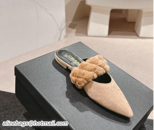 Good Looking Chanel Suede & Fur Flat Pointed Mules Beige 910015