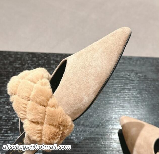 Good Looking Chanel Suede & Fur Flat Pointed Mules Beige 910015