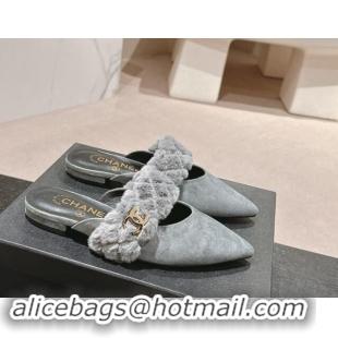 Good Quality Chanel Suede & Fur Flat Pointed Mules Grey 910016