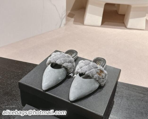 Good Quality Chanel Suede & Fur Flat Pointed Mules Grey 910016