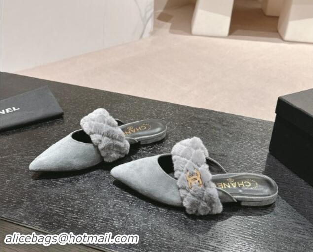 Good Quality Chanel Suede & Fur Flat Pointed Mules Grey 910016